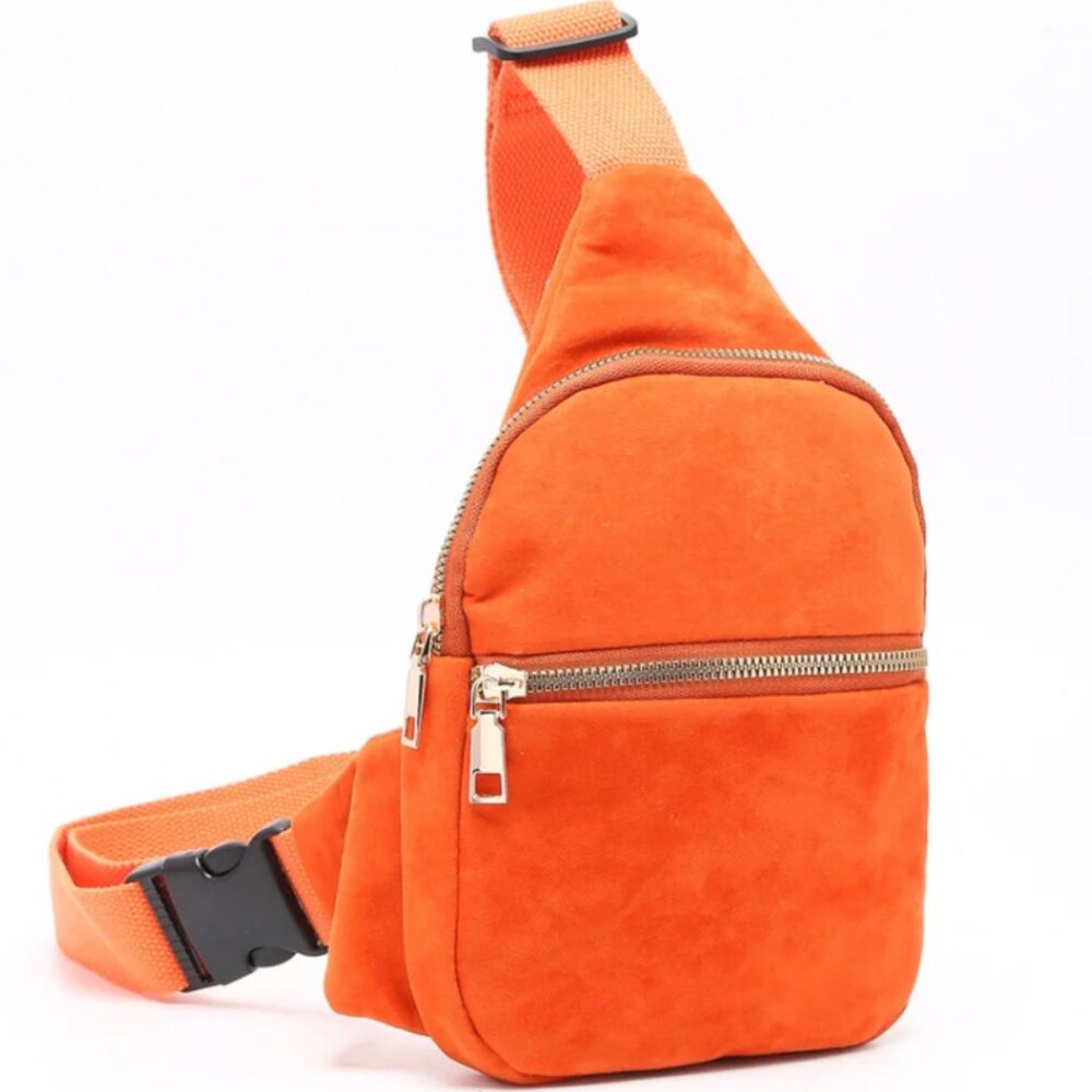 NWT Orange Vegan Suede Sling Bag 6.3" x 1.2" x 10.6" Stocking Stuffer Gift Bag